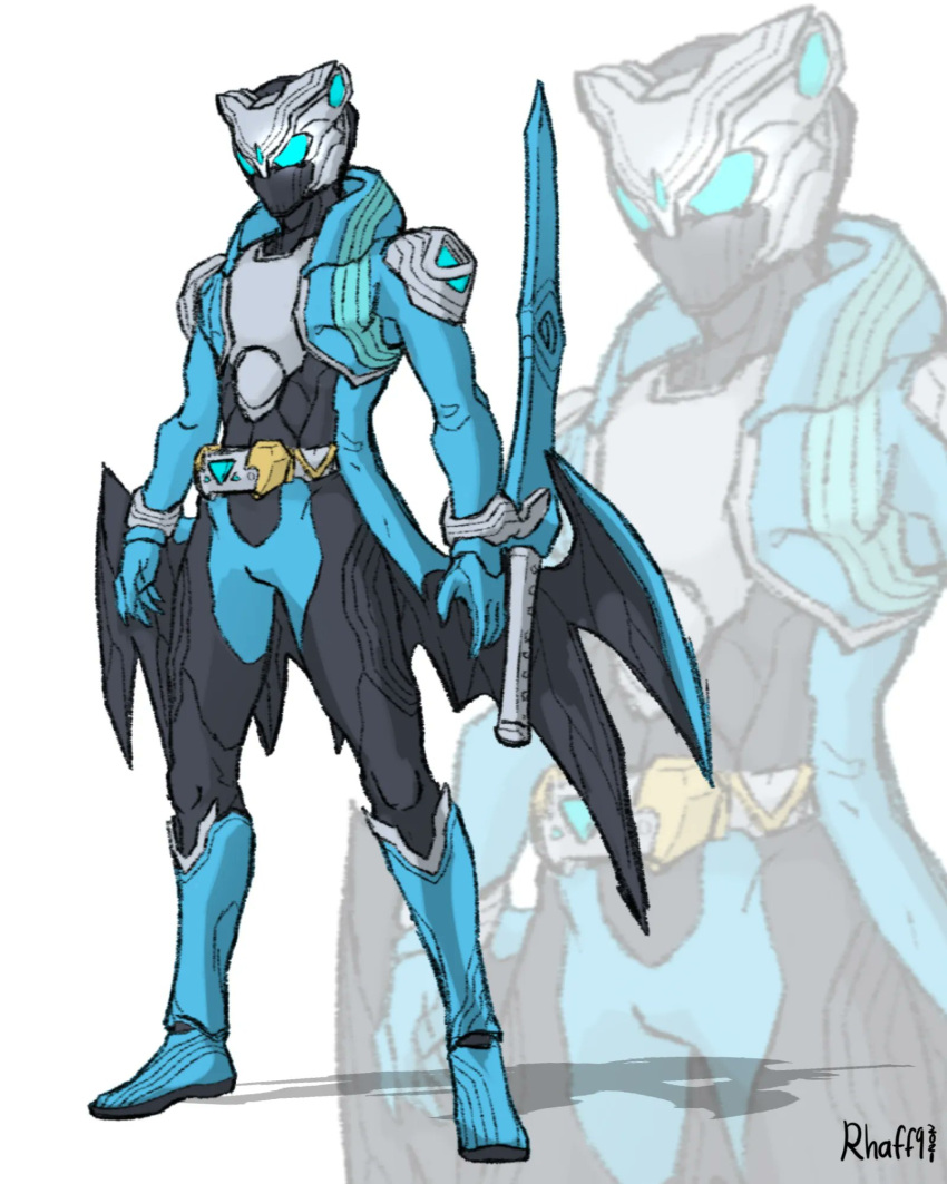 1boy adapted_costume alternate_costume armor belt blue_eyes compound_eyes crossover devil_may_cry_(series) devil_may_cry_3 devil_trigger helmet highres kamen_rider katana mask rider_belt sheath solo sword to_ze tokusatsu vergil_(devil_may_cry) weapon yamato_(sword)