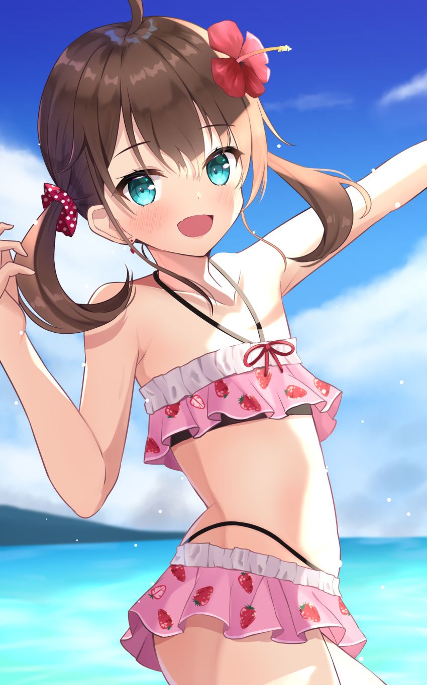 1girl :d ahoge bangs bare_shoulders bikini blue_eyes brown_hair earrings eyebrows_visible_through_hair flat_chest flower food_print frilled_bikini frills from_side hair_between_eyes hair_flower hair_ornament hibiscus highres hololive jewelry looking_at_viewer natsuiro_matsuri ocean open_mouth outdoors outstretched_arm pink_bikini polka_dot polka_dot_scrunchie saki_(saki_paint) scrunchie sky smile solo stomach strawberry_print swimsuit twintails virtual_youtuber