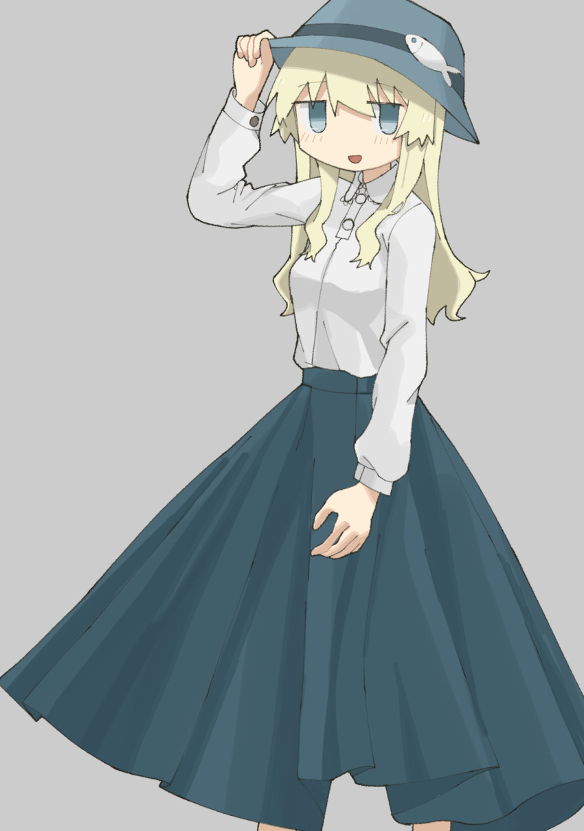 1girl adjusting_clothes adjusting_headwear blonde_hair blouse blue_eyes blue_headwear blue_skirt collared_blouse commentary_request feet_out_of_frame fish grey_background hand_up highres light_blush long_hair long_skirt long_sleeves looking_at_viewer no_pupils open_mouth shoujo_shuumatsu_ryokou simple_background skirt smile solo white_blouse yoyohachi yuuri_(shoujo_shuumatsu_ryokou)