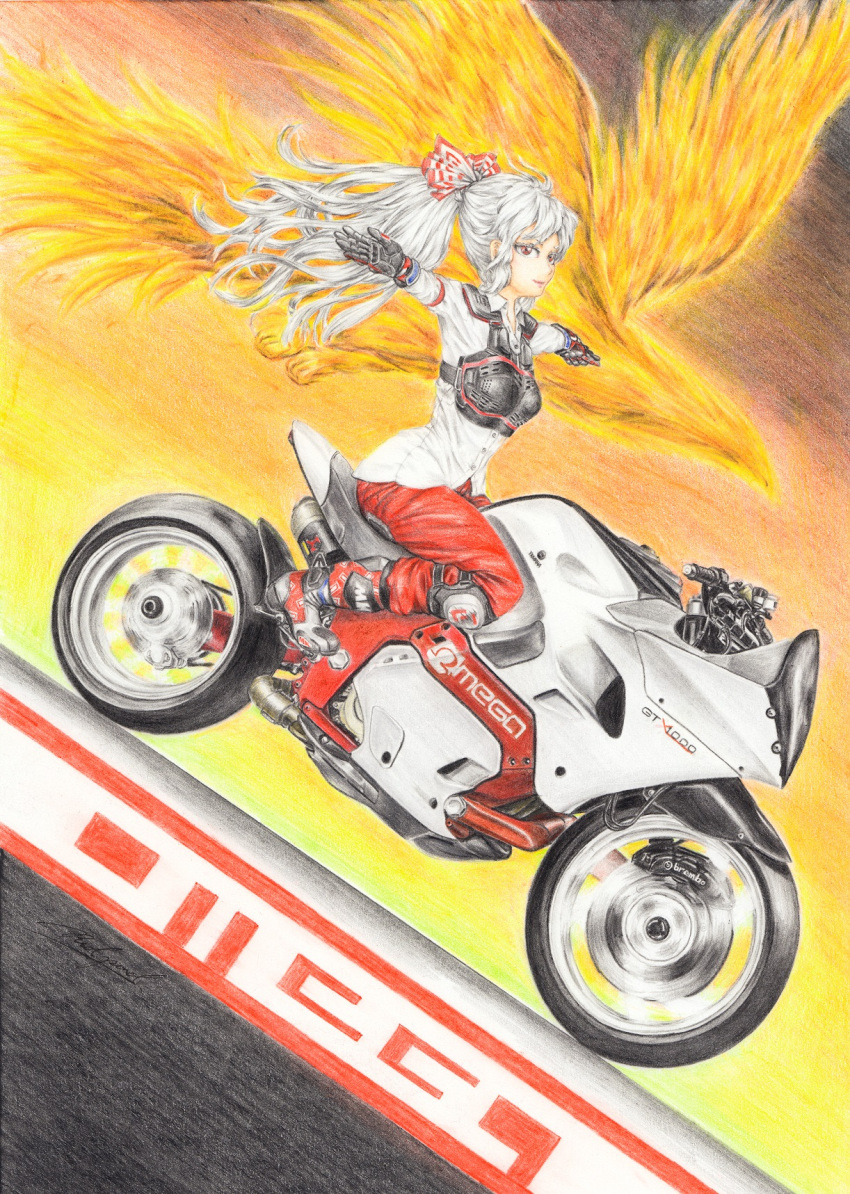 1girl baggy_pants bangs beige_shirt bird boots bow buttons collared_shirt colored_pencil_(medium) fire footwear_bow fujiwara_no_mokou full_body ground_vehicle hair_bow highres hime_cut long_hair long_sleeves motor_vehicle motorcycle ofuda ofuda_on_clothes outstretched_arms pants phoenix red_eyes red_footwear red_pants red_pond shirt shoes sidelocks silver_hair sleeve_garter spread_arms suspenders t-pose touhou traditional_media very_long_hair white_bow white_hair white_shirt yamaha