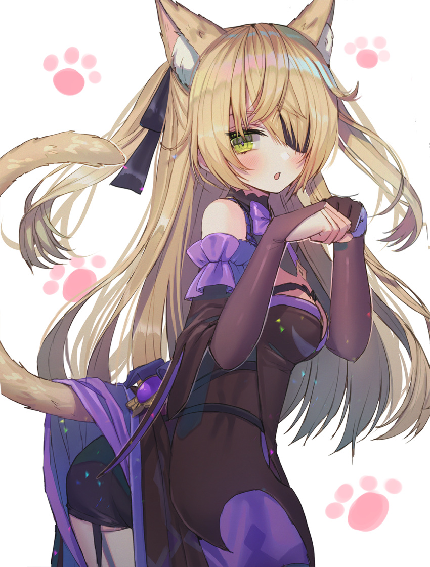 1girl animal_ears asymmetrical_legwear asymmetrical_sleeves bangs cat_ears cat_tail commentary_request eyebrows_visible_through_hair eyepatch fischl_(genshin_impact) fishnet_fabric genshin_impact green_eyes hair_between_eyes hanato_(seonoaiko) highres kemonomimi_mode light_brown_hair long_hair looking_at_viewer mismatched_legwear mismatched_sleeves paw_pose paw_print sidelocks simple_background solo tail two_side_up vision_(genshin_impact)