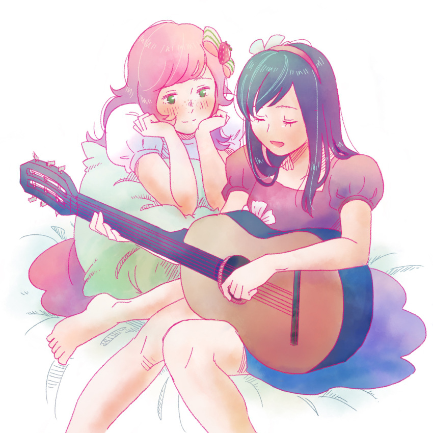 2girls barefoot black_hair blush bow cherry_jam_(sbsc) closed_eyes dress feet food food-themed_hair_ornament green_eyes guitar hair_bow hair_ornament hands_on_own_cheeks hands_on_own_face head_rest headband highres instrument long_hair multiple_girls music no_legwear no_shoes on_bed petite pillow pillow_hug pink_hair pink_skirt playing_instrument puffy_short_sleeves puffy_sleeves purple_dress seiza shirt short_sleeves sitting sitting_on_bed skirt smalltung strawberry_hair_ornament strawberry_shortcake strawberry_shortcake_(2009) strawberry_shortcake_(copyright) strawberry_shortcake_(sbsc) white_shirt yuri