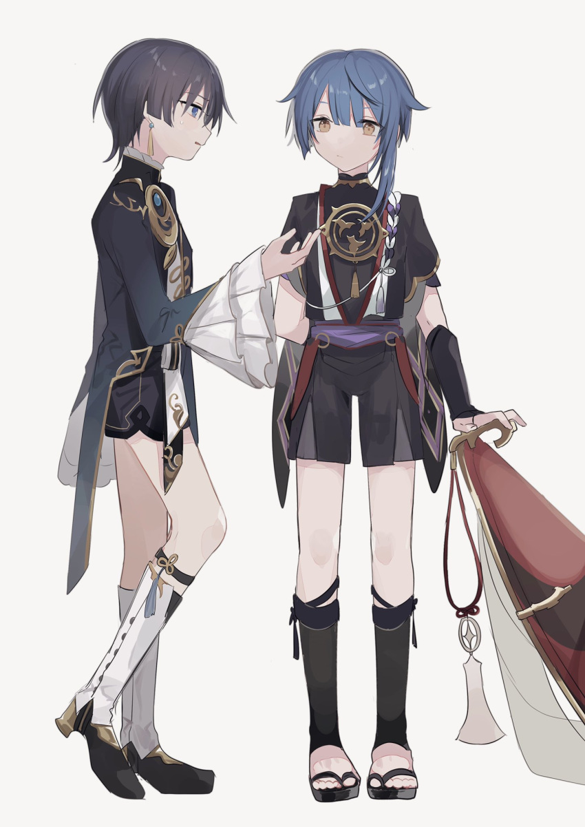 2boys arm_behind_back armor asymmetrical_hair bangs black_hair blue_eyes blue_hair blunt_bangs chinese_knot cosplay costume_switch earrings emblem eyebrows_behind_hair eyebrows_visible_through_hair genshin_impact hat hat_removed headwear_removed highres holding holding_clothes holding_hat japanese_armor jewelry knee_up kote kurokote long_sleeves looking_at_another multiple_boys parted_lips ring rope sash scaramouche_(genshin_impact) shimenawa short_sleeves shorts sidelocks standing sweatdrop white_background wide_sleeves xingqiu_(genshin_impact) yellow_eyes yoko_(nz_g) zouri