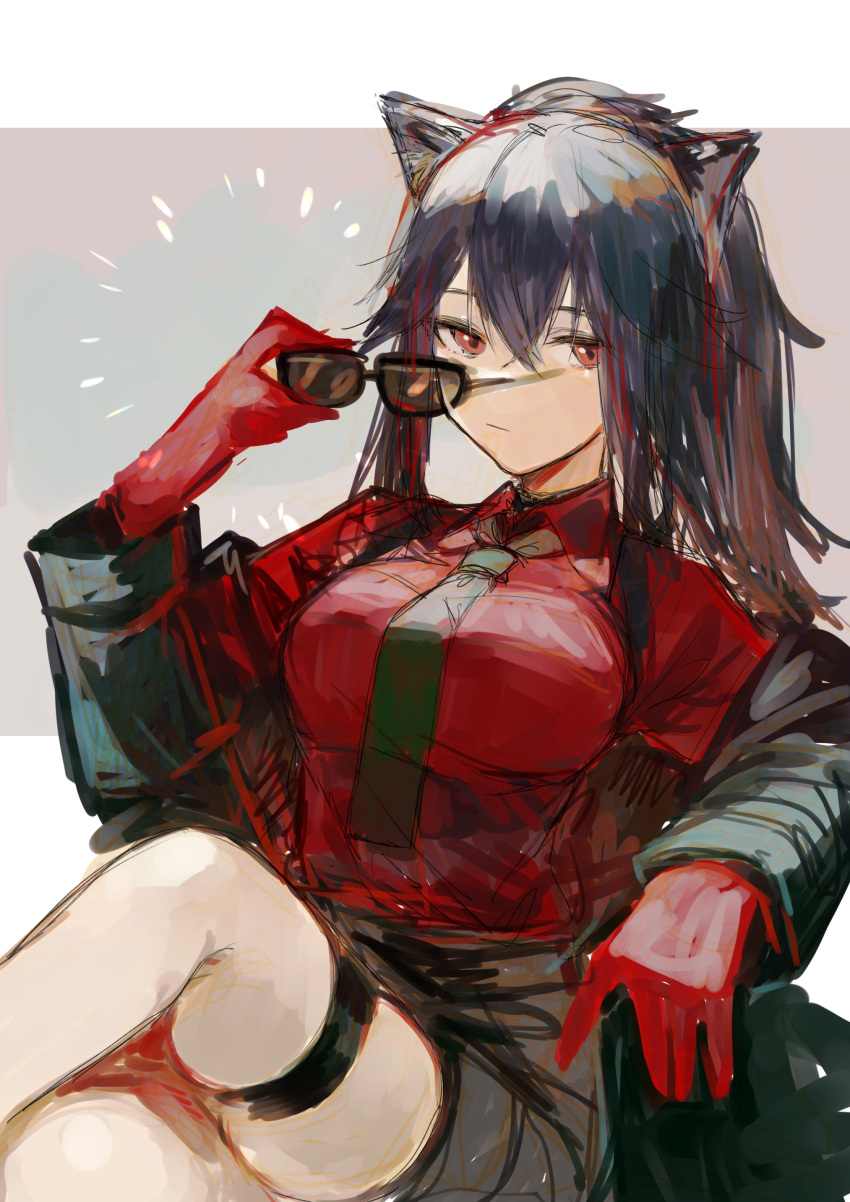 1girl aaoshigatoutoi absurdres animal_ears arknights bangs black_hair black_jacket black_shorts breasts closed_mouth collared_shirt commentary_request crossed_legs expressionless eyewear_removed gloves green_neckwear grey_background hair_between_eyes highres jacket large_breasts long_hair long_sleeves looking_at_viewer necktie official_alternate_costume orange_eyes ponytail red_gloves red_shirt shirt shorts sitting skindentation solo sunglasses texas_(arknights) texas_(willpower)_(arknights) thigh_strap two-tone_background white_background wolf_ears