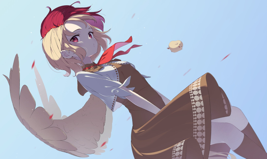 1girl animal bird blonde_hair blush brown_dress chick dress feathered_wings highres kanpa_(campagne_9) multicolored_hair neckerchief niwatari_kutaka red_eyes red_neckwear redhead short_hair short_sleeves solo touhou two-tone_hair wings