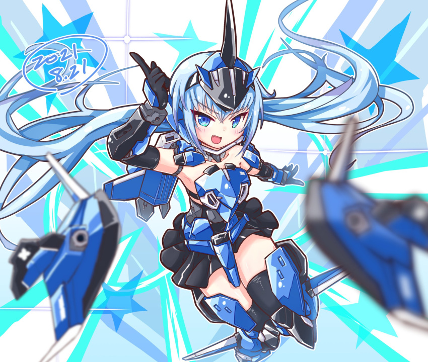 1girl bangs blue_eyes chibi dated eyebrows_visible_through_hair floating_hair frame_arms_girl heirou_enterprise highres holding holding_weapon long_hair mecha_musume science_fiction sheath solo stylet thigh-highs twintails unsheathing v-shaped_eyebrows weapon
