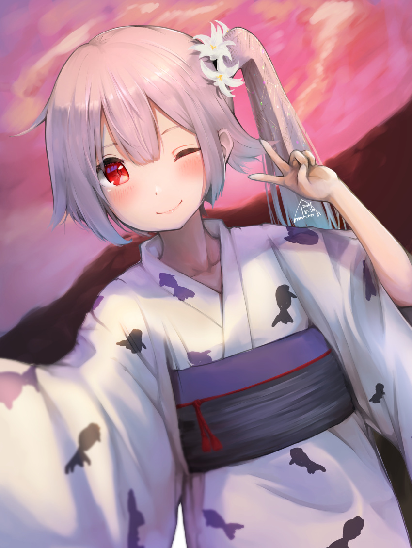 1girl absurdres alternate_costume blue_hair evening gradient_hair harusame_(kancolle) highres japanese_clothes kantai_collection kimono mmk multicolored_hair obi one_eye_closed pink_hair print_kimono red_eyes sash selfie side_ponytail smile solo v white_kimono yukata