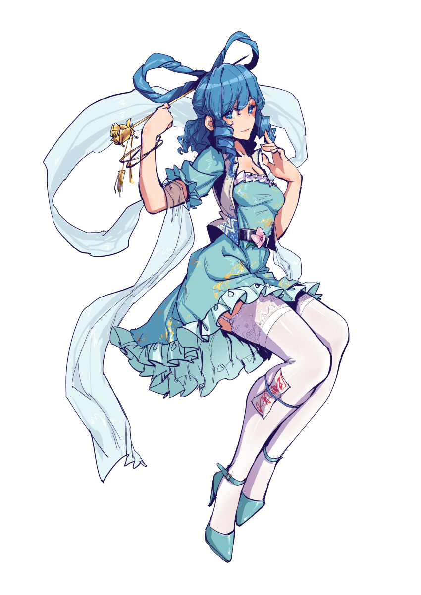 1girl absurdres aqua_dress aqua_footwear belt blue_eyes blue_hair bracelet breasts d'orsay_heels dress drill_locks eyelashes floating floral_print flower frilled_dress frills full_body garter_straps hagoromo hair_ornament hair_rings hair_stick hands_up high_heels highres jewelry kaku_seiga lace-trimmed_legwear lace_trim light_smile lips long_hair looking_at_viewer ofuda shawl simple_background small_breasts solo stank strappy_heels tassel thigh-highs touhou vest white_background white_vest