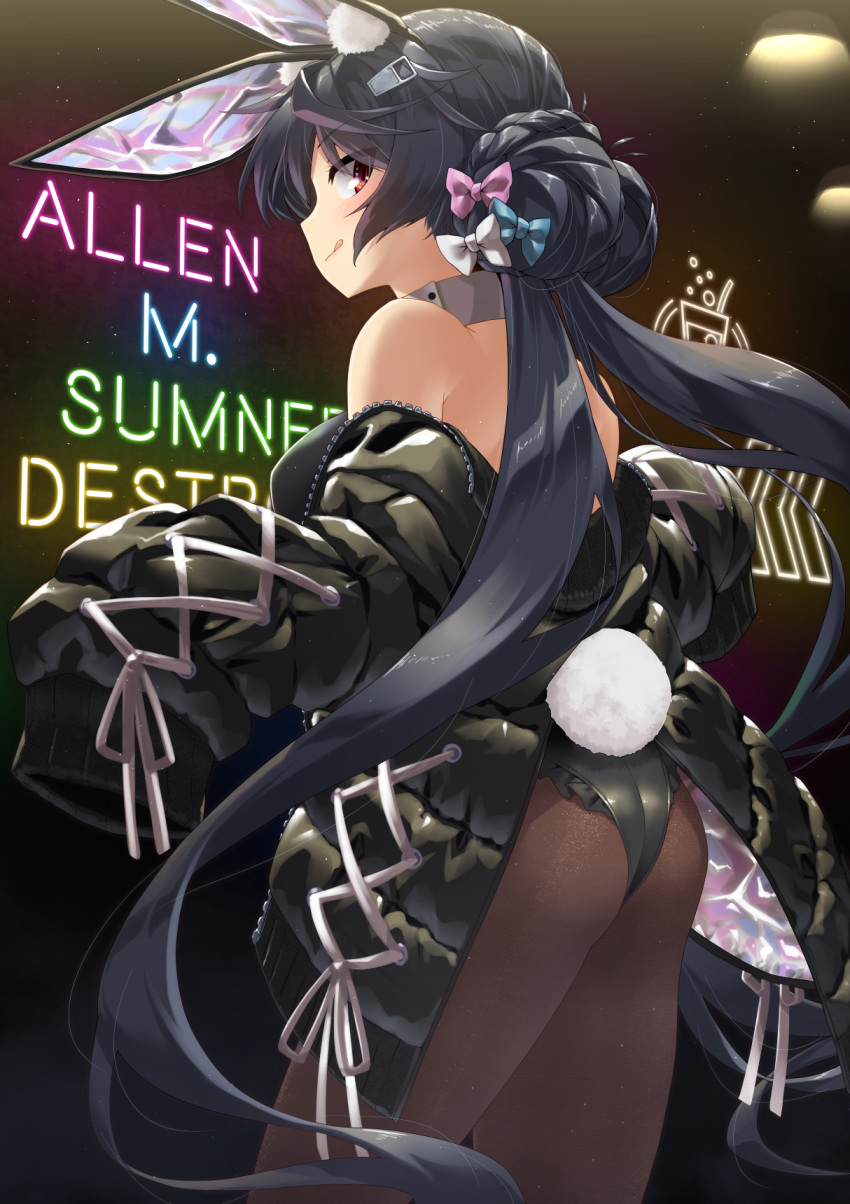 1girl allen_m._sumner_(azur_lane) allen_m._sumner_(charming_rabbit)_(azur_lane) animal_ears ass azur_lane bangs black_hair black_jacket black_legwear character_name commentary_request double_bun eyebrows_visible_through_hair fake_animal_ears from_behind hair_between_eyes highres jacket long_hair looking_at_viewer looking_back low_twintails mizunashi_(second_run) off_shoulder pantyhose playboy_bunny rabbit_ears rabbit_tail red_eyes sidelocks solo tail twintails
