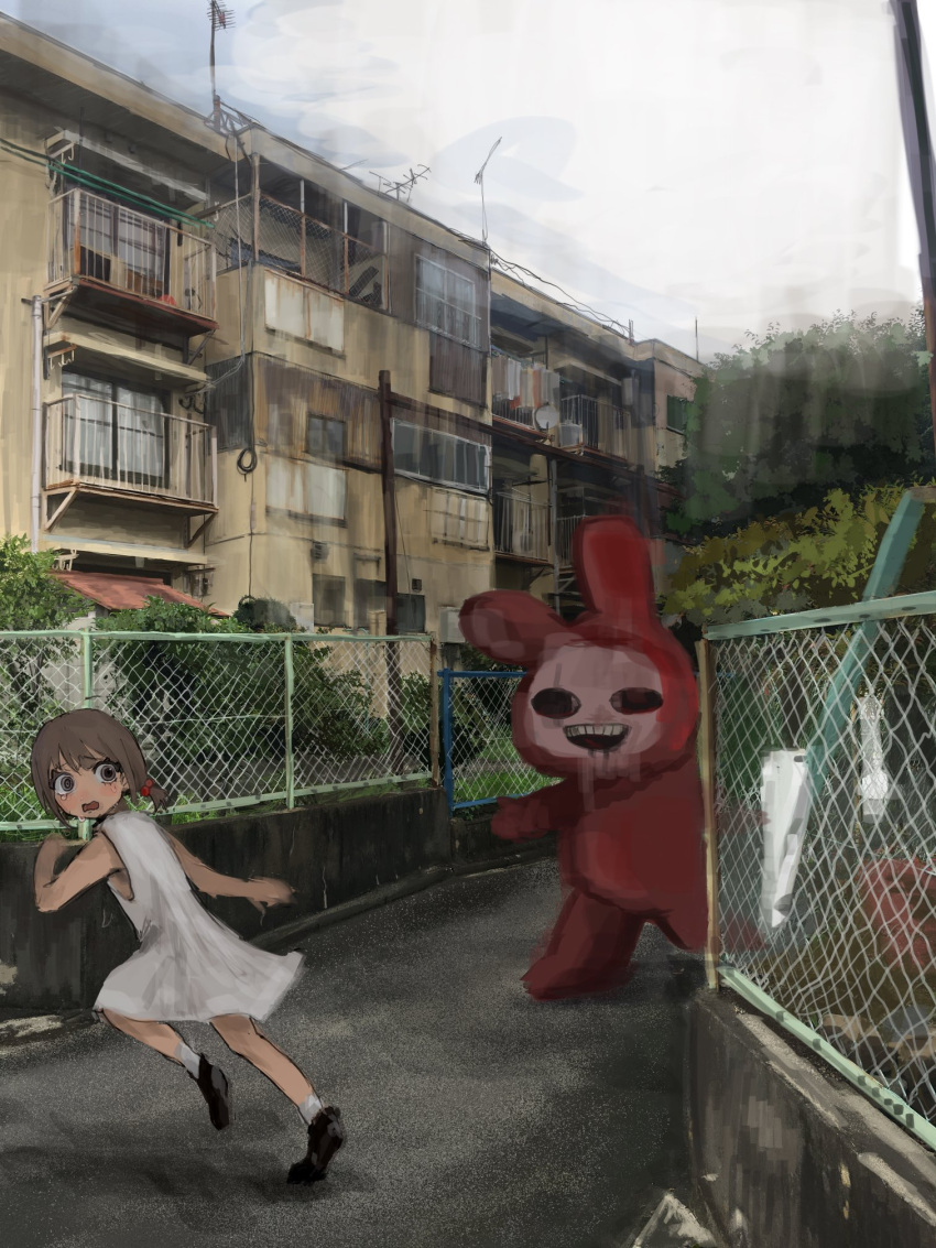 000v666 1girl apartment balcony bangs brown_eyes brown_hair building bush clouds cloudy_sky day dress fence highres horror_(theme) monster open_mouth original outdoors rabbit running short_twintails sky socks tears teeth tree twintails white_dress white_footwear