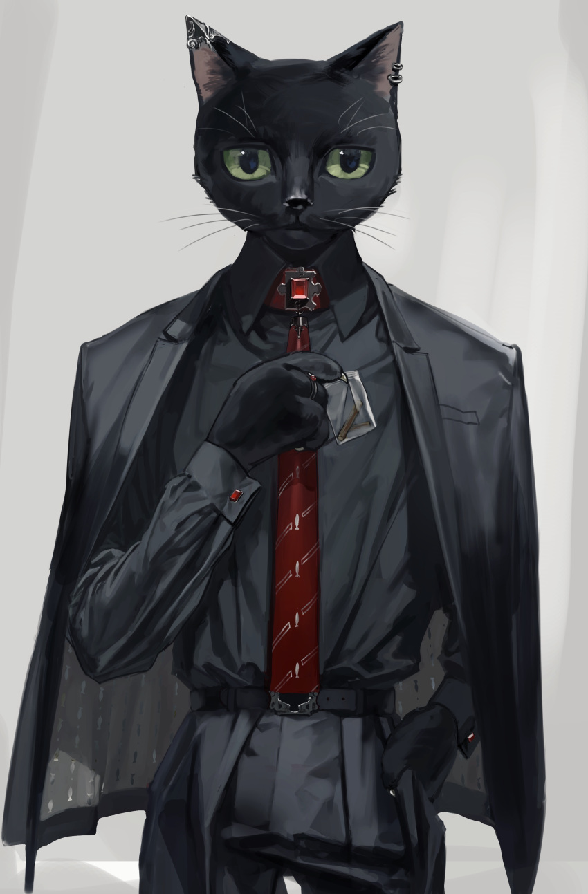 1boy absurdres bag belt black_belt black_cat black_fur black_jacket black_pants black_shirt brooch cat claws closed_mouth collared_shirt commentary_request cowboy_shot earrings fewer_digits formal furry furry_male gem green_eyes hand_in_pocket hand_up hataya highres holding holding_bag jacket jacket_on_shoulders jewelry long_sleeves looking_at_viewer male_focus matatabi_(flower) multiple_sources necktie original pants red_neckwear ring shirt solo standing straight-on suit wing_collar