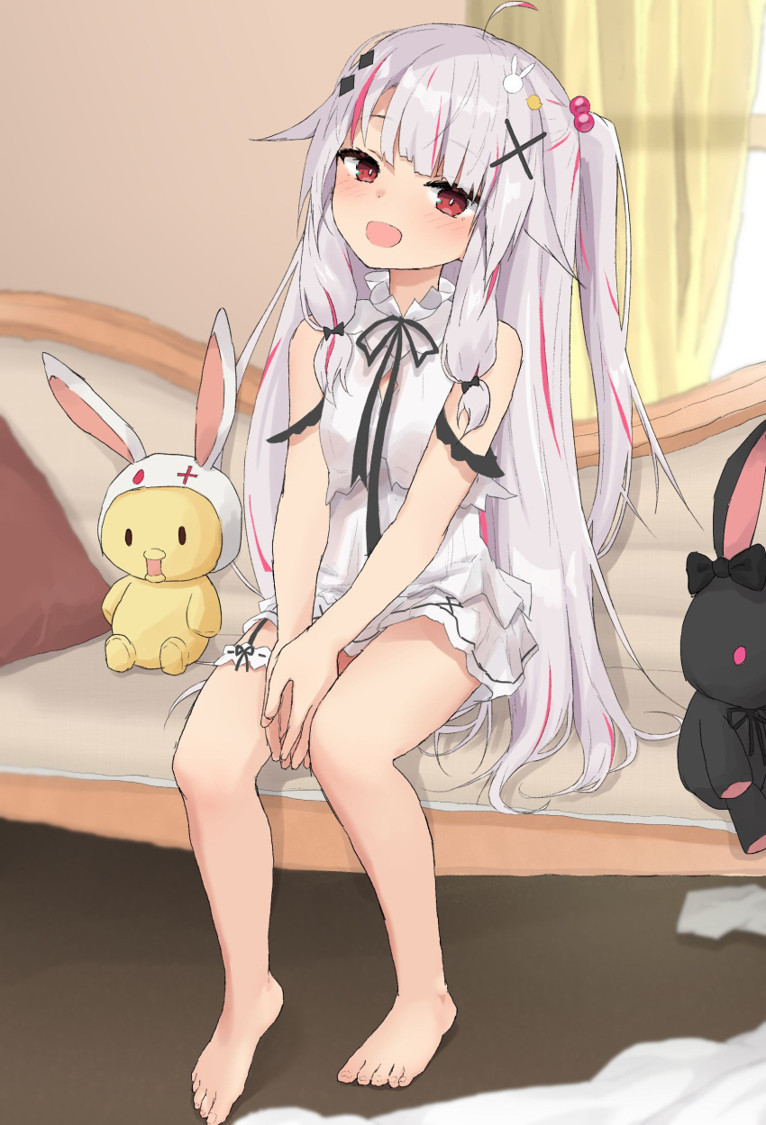 1girl :d absurdres ahoge bangs bare_shoulders barefoot between_legs blush bunny_hair_ornament couch curtains dress eyebrows_visible_through_hair grey_hair hair_bobbles hair_ornament hand_between_legs head_tilt highres long_hair looking_at_viewer multicolored_hair nijisanji on_couch one_side_up open_mouth own_hands_together red_eyes redhead sitting sleeveless sleeveless_dress smile solo streaked_hair stuffed_animal stuffed_bunny stuffed_toy transparent very_long_hair virtual_youtuber white_dress window x_hair_ornament yakihebi yorumi_rena