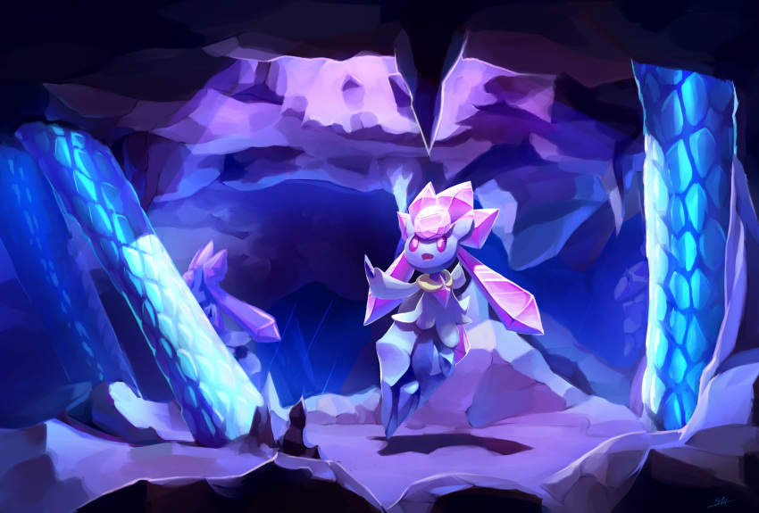 cave_interior commentary diancie full_body gen_6_pokemon highres likey looking_up mythical_pokemon no_humans outstretched_arms pokemon pokemon_(creature) stalactite stalagmite violet_eyes