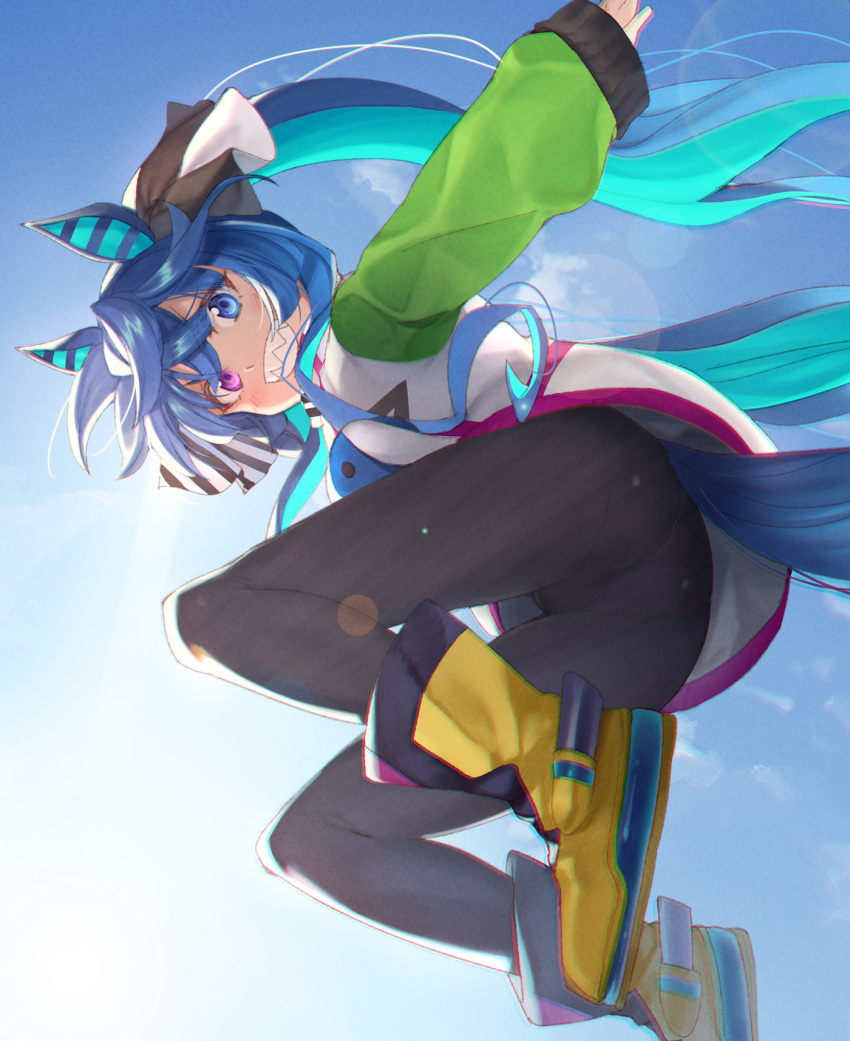 1girl animal_ears ass bangs black_legwear blue_eyes blue_hair blue_sky boots clouds commentary_request day from_behind grin heterochromia highres horse_ears horse_girl horse_tail jacket kabocha_(monkey4) long_hair long_sleeves looking_at_viewer looking_back midair multicolored_hair outdoors panties panties_under_pantyhose pantyhose pink_eyes puffy_long_sleeves puffy_sleeves sharp_teeth sky sleeves_past_wrists smile solo tail teeth twin_turbo_(umamusume) twintails two-tone_hair umamusume underwear very_long_hair white_jacket yellow_footwear