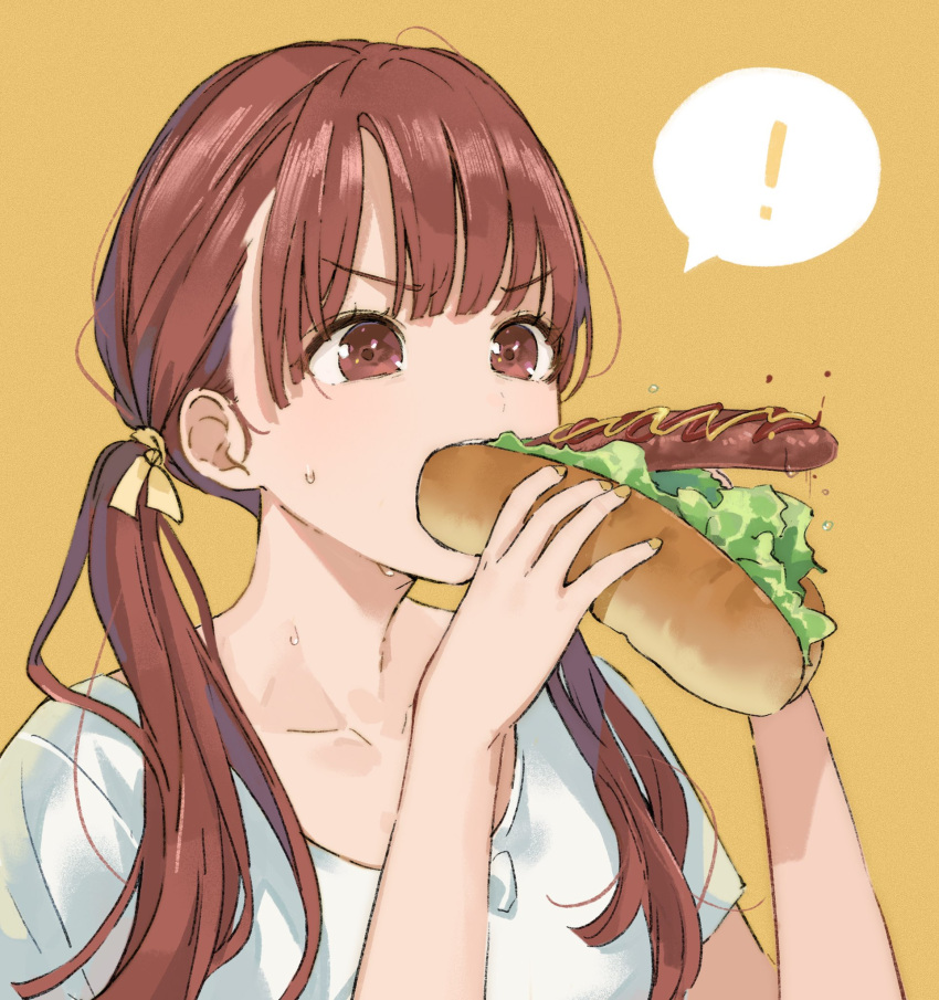 ! 1girl collarbone eating food highres hot_dog long_hair nail_polish original portrait red_eyes redhead sako_(35s_00) sausage solo spoken_exclamation_mark twintails v-shaped_eyebrows yellow_background yellow_nails