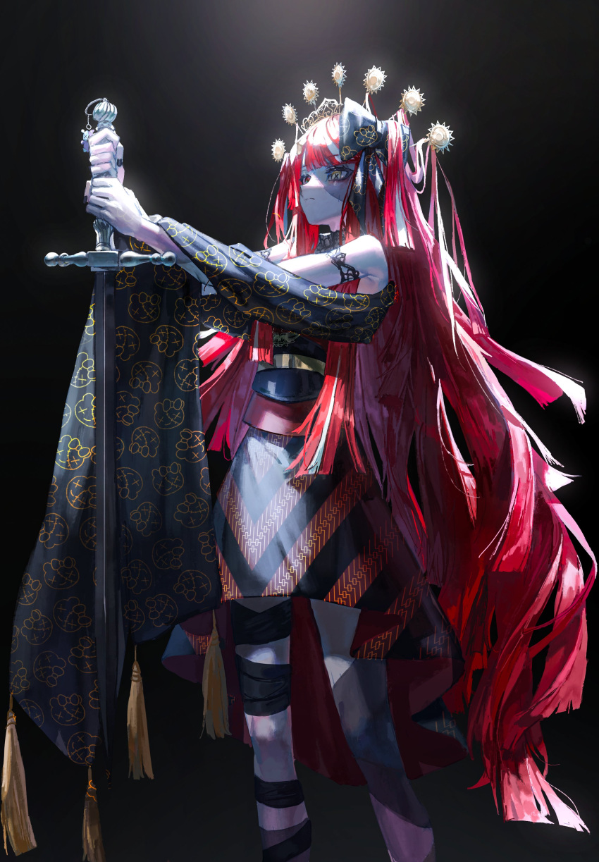 1girl absurdres black_background black_shawl colored_skin grey_hair grey_skin heterochromia highres holding holding_sword holding_weapon hololive hololive_indonesia kureiji_ollie long_hair multicolored_hair quasarcake red_eyes redhead shawl solo stitched_face streaked_hair sword very_long_hair virtual_youtuber weapon yellow_eyes