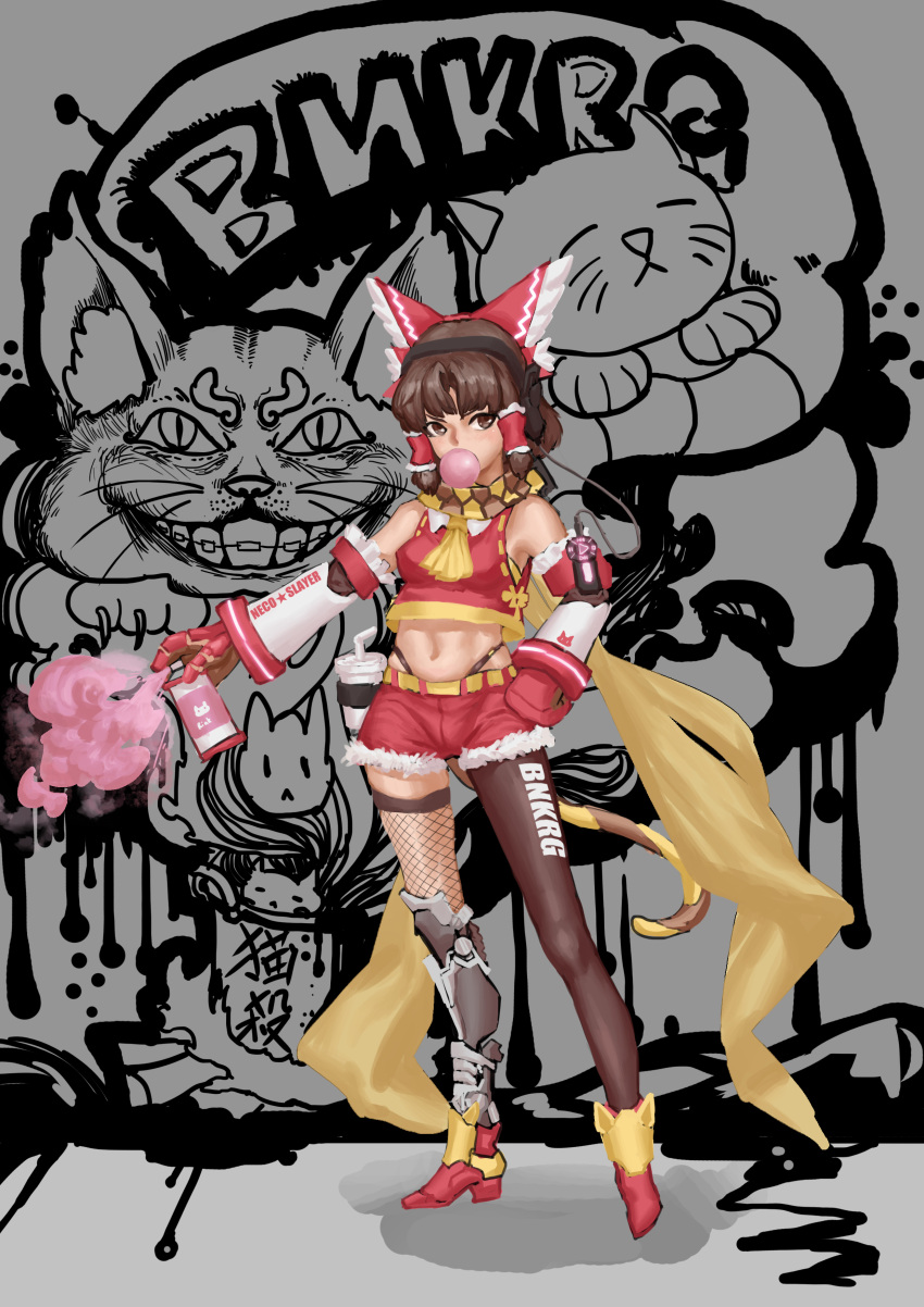1girl absurdres alice_in_wonderland alternate_costume asymmetrical_legwear bangs benikurage_(cookie) black_legwear bow breasts brown_eyes brown_hair bubble_blowing cheshire_cat_(alice_in_wonderland) chewing_gum clothes_writing commentary_request cookie_(touhou) crop_top d_tomoki detached_sleeves fishnet_legwear fishnets full_body fur-trimmed_shorts fur_trim graffiti grey_background hair_bow hakurei_reimu headphones highres looking_at_viewer midriff mismatched_legwear mittens navel pantyhose parted_bangs red_bow red_mittens red_shirt red_shorts scarf shirt short_hair shorts sleeveless sleeveless_shirt small_breasts solo spray_paint touhou yellow_scarf
