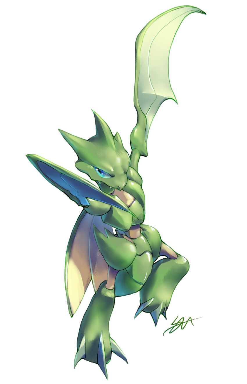 absurdres blue_eyes claws commentary fangs full_body gen_1_pokemon grey_background highres leg_up likey no_humans pokemon pokemon_(creature) scyther signature simple_background solo