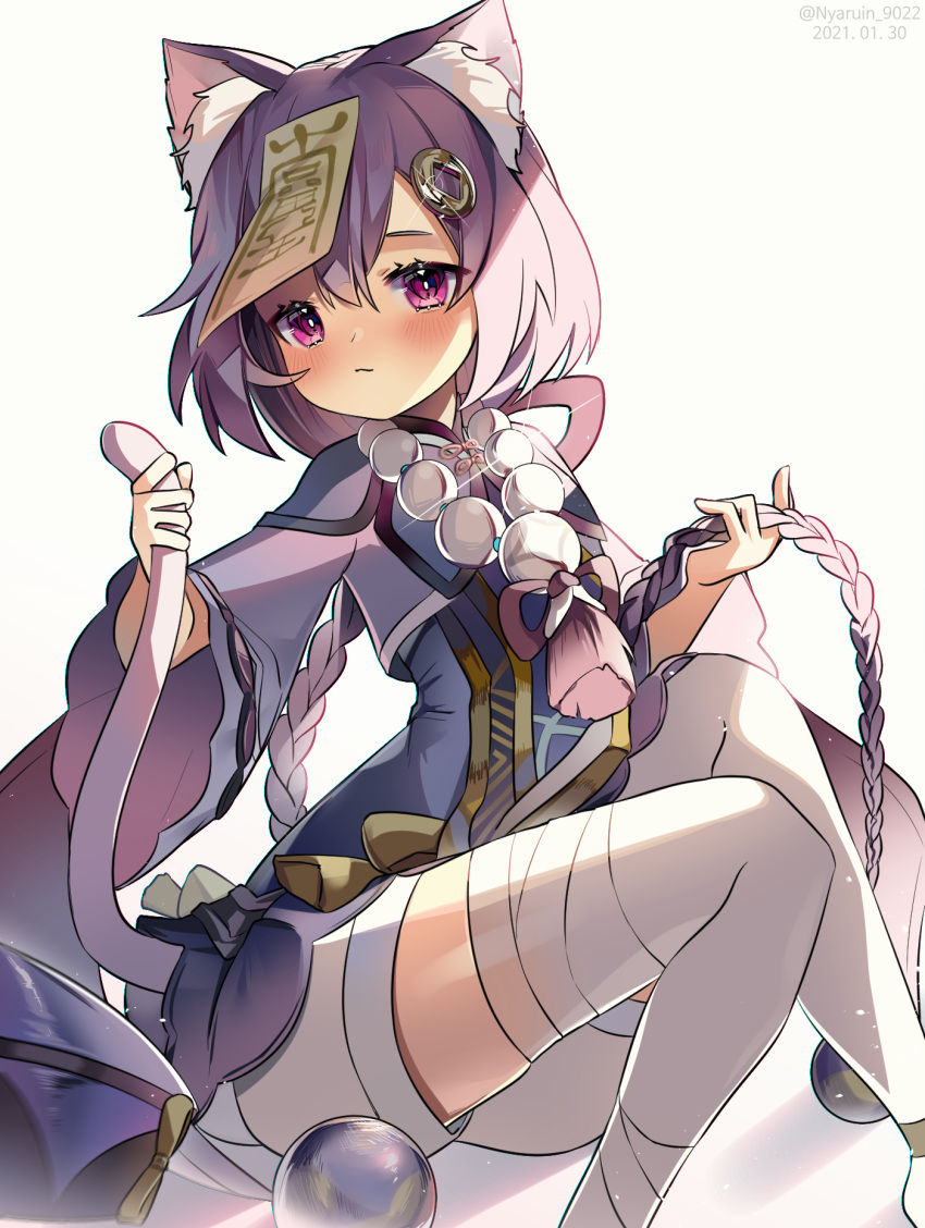 1girl animal_ear_fluff animal_ears bandaged_leg bandages bead_necklace beads blush cat_ears cat_tail coin_hair_ornament dress genshin_impact hair_between_eyes highres jewelry jiangshi light_particles looking_at_viewer necklace nyaruin purple_dress purple_hair qiqi_(genshin_impact) shiny shirt simple_background tail thigh-highs violet_eyes white_legwear white_shirt wide_sleeves