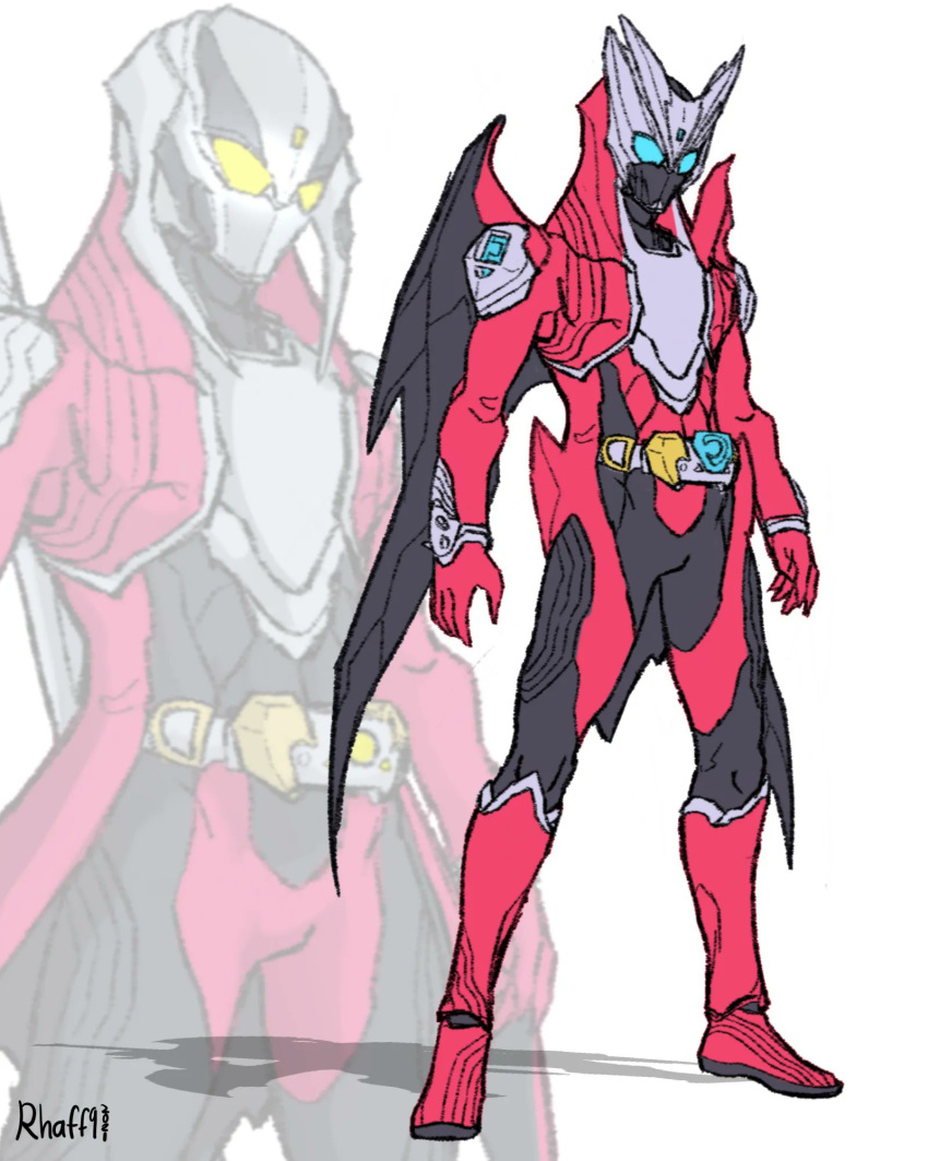 1boy adapted_costume alternate_costume armor belt blue_eyes commentary crossover dante_(devil_may_cry) devil_may_cry_(series) devil_may_cry_3 devil_trigger helmet highres kamen_rider mask rider_belt to_ze weapon