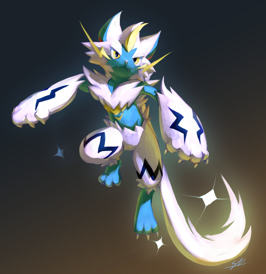 absurdres alternate_color claws closed_mouth commentary fangs fangs_out furry gen_7_pokemon highres likey mythical_pokemon pokemon pokemon_(creature) shiny_pokemon signature solo sparkle white_fur yellow_eyes zeraora