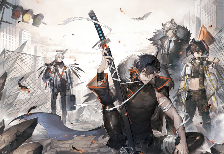 4boys animal_ears arknights ayerscarpe_(arknights) bandaged_arm bandaged_leg bandages bandaid bandaid_on_nose belt bird black_cape black_coat black_gloves black_hair black_jacket black_neckwear black_pants black_shirt building cape carrying_bag chain-link_fence chinese_commentary city clouds coat collared_shirt commentary_request demon_horns earrings energy_wings executor_(arknights) fence fingerless_gloves flamebringer_(arknights) fur-trimmed_coat fur_trim gloves grey_sky gun hair_between_eyes highres holding holding_gun holding_sword holding_weapon hood hood_down hooded_jacket horns infection_monitor_(arknights) jacket jacket_on_shoulders jewelry katana long_hair male_focus mechanical_halo midriff multiple_boys necktie orange_eyes originium_arts_(arknights) pants parted_lips pointy_ears rabbit_ears road_sign see-through_jacket shirt short_hair shotgun shoulder_strap sign silver_hair silverash_(arknights) single_earring sitting sleeveless sleeveless_shirt spade-m standing suitcase sword tenzin_(arknights) traffic_light weapon white_hair white_jacket white_shirt