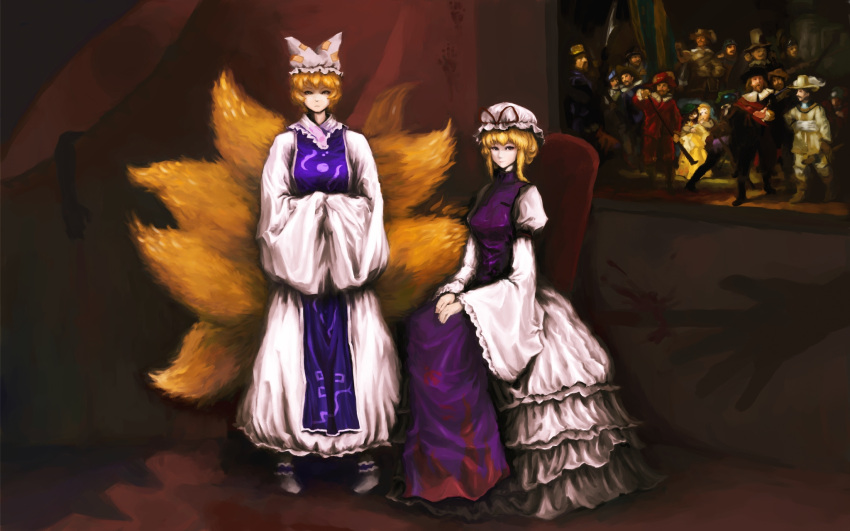 blood brown_hair chen fine_art_parody fox_ears fox_tail gap hat highres long_hair multiple_tails neko_banban painting parody purple_eyes short_hair tail touhou violet_eyes when_you_see_it yakumo_ran yakumo_yukari yellow_eyes