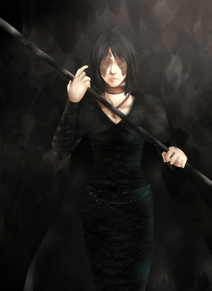 black_hair cape choker demon's_souls dress female long_hair maiden_in_black necklace solo staff uix