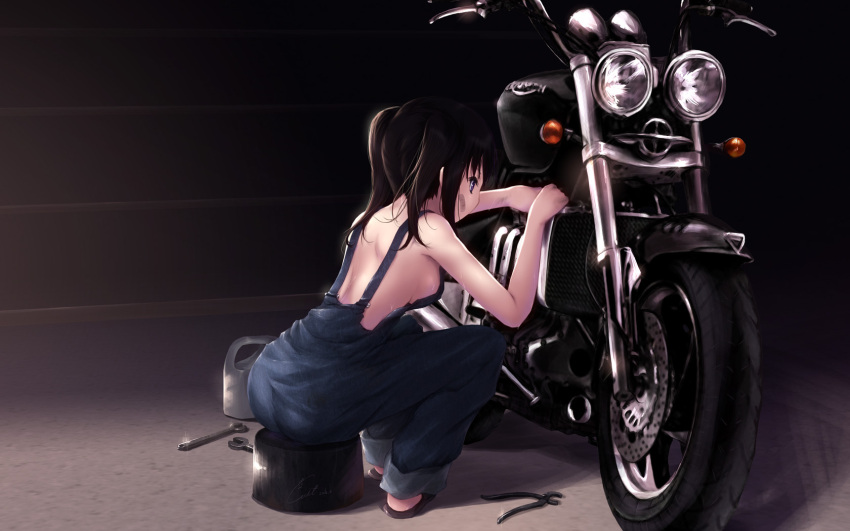 black_hair blue_eyes breasts cait highres motor_vehicle motorcycle naked_overalls original overalls sideboob sitting solo tools twintails vehicle wallpaper