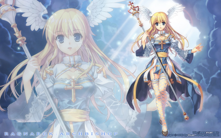 blonde_hair blue blue_eyes cross fishnet_legwear fishnet_stockings fishnets garter_straps head_wings headwings highres lace lace-trimmed_thighhighs long_hair ragnarok_online shuen solo staff thigh-highs thighhighs wallpaper wings zoom_layer