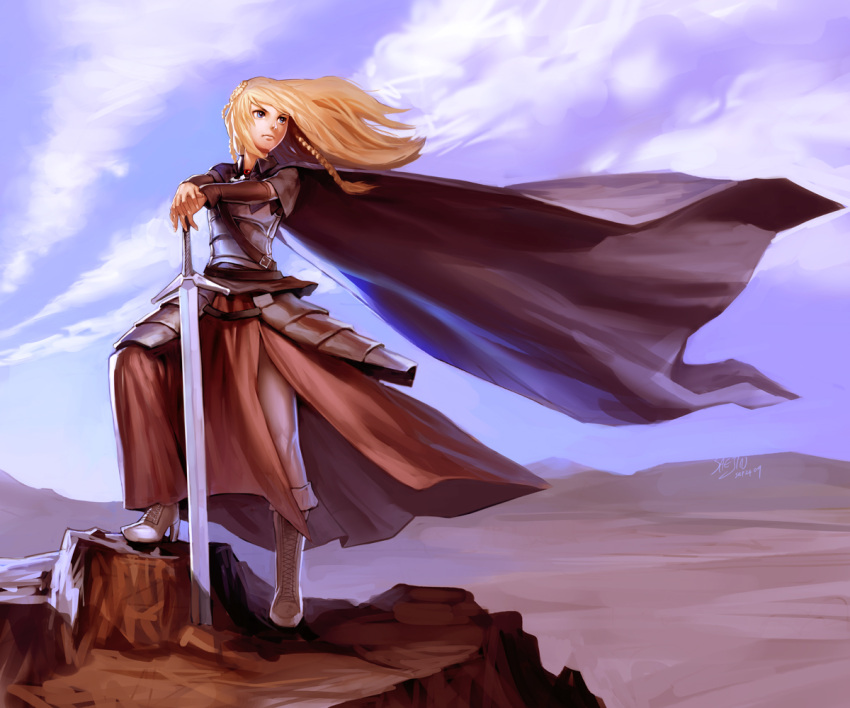 armor blonde_hair boots braid breastplate cape cloud clouds faulds hands_on_hilt long_hair original pose saejin_oh solo sword weapon wind