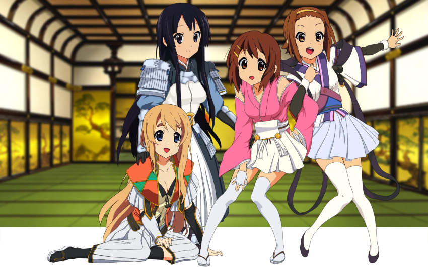 black_hair blonde_hair breasts brown_hair bustier cleavage cosplay detached_sleeves fingerless_gloves flats gloves hakama highres hirasawa_yui japanese_clothes k-on! kataginu kotobuki_tsumugi kusazuri locked_arms long_hair nanjou_ran nanjou_ran_(cosplay) pleated_skirt rance_(series) sandals sengoku_rance short_hair sill_plain sill_plain_(cosplay) skirt smile sode tabi tainaka_ritsu thigh-highs thighhighs uesugi_kenshin uesugi_kenshin_(cosplay) uesugi_kenshin_(rance) uesugi_kenshin_(rance)_(cosplay) wallpaper yamamoto_isoroku yamamoto_isoroku_(cosplay) yamamoto_isoroku_(rance) yamamoto_isoroku_(rance)_(cosplay) zettai_ryouiki