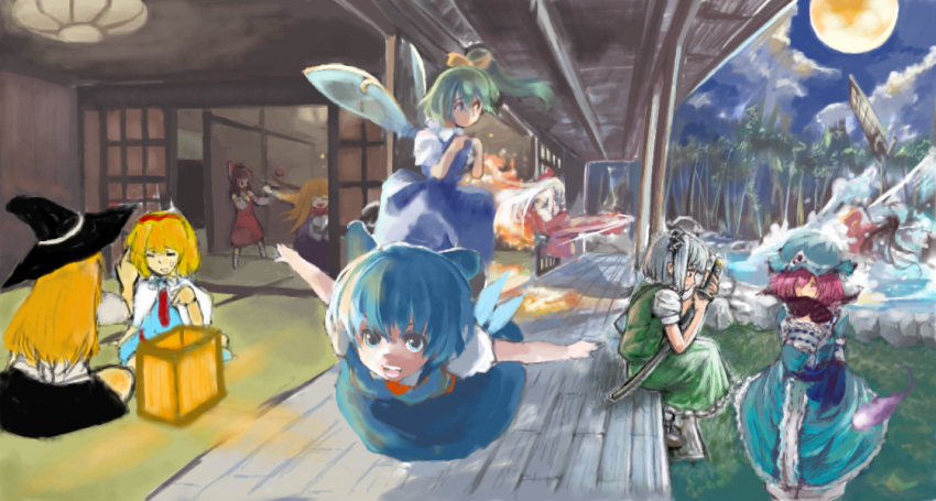 blonde_hair blue_eyes blue_hair cirno daiyousei fujiwara_no_mokou full_moon green_hair hakurei_reimu hat houraisan_kaguya ibuki_suika kicking konpaku_youmu long_hair moon night pink_hair ribbon saigyouji_yuyuko shift_(0808) silver_hair sword touhou veranda weapon white_hair wings