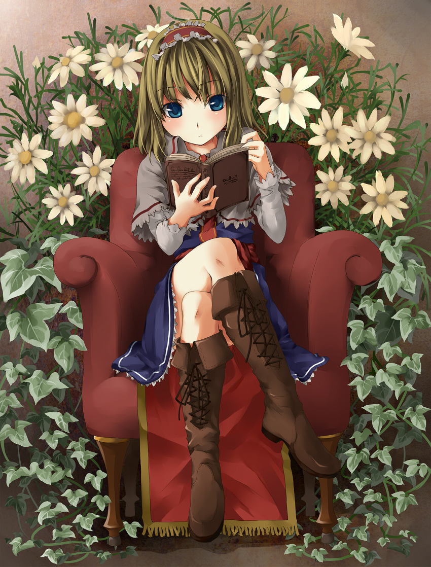 armchair blonde_hair blue_eyes book boot boots capelet crossed_legs dress flower hairband highres open_book reading short_hair sitting solo touhou unasaka_ryou vines