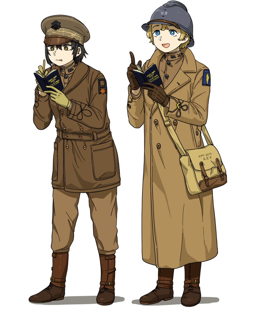 2girls absurdres adrian_helmet anyan_(jooho) bag black_hair blonde_hair blue_eyes boots brown_coat brown_eyes brown_footwear brown_headwear brown_jacket brown_pants coat commentary_request english_text full_body grey_headwear hat helmet highres holding holding_notebook holding_pen jacket korean_commentary long_sleeves military military_uniform multiple_girls multiple_sources notebook open_mouth original pants pen satchel short_hair simple_background smile standing tongue tongue_out trench_coat uniform united_states_army white_background writing