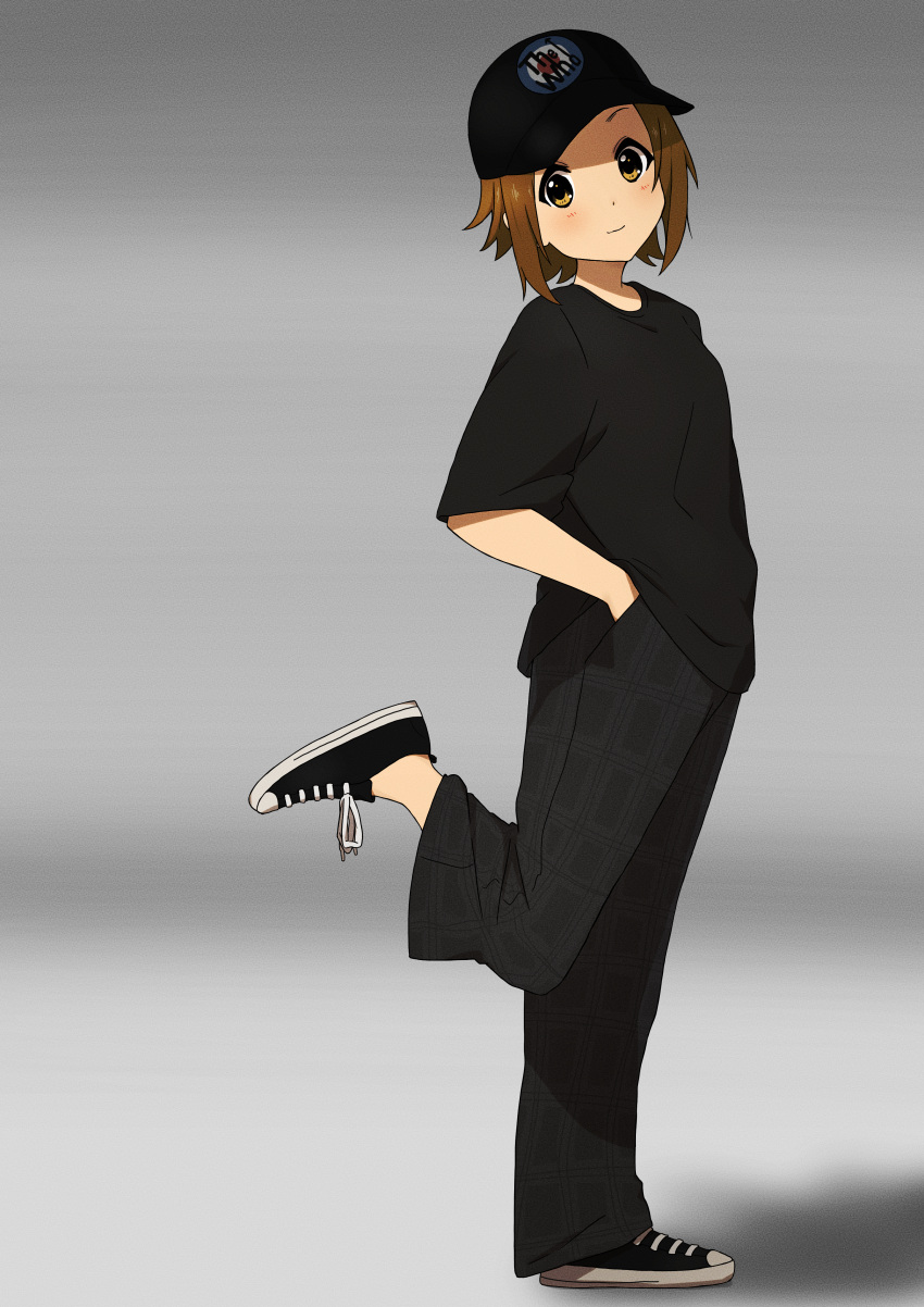 1girl absurdres bask black_footwear black_headwear black_pants black_shirt brown_eyes brown_hair closed_mouth commentary_request from_side full_body grey_background hands_in_pockets highres k-on! kicchi_(tmgk) light_blush light_smile looking_at_viewer pants shirt shoes short_hair short_sleeves solo standing standing_on_one_leg tainaka_ritsu the_who