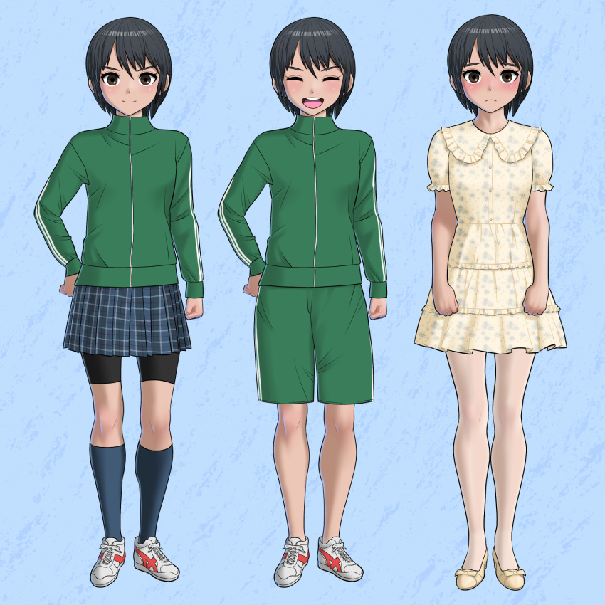 1girl :d bangs bike_shorts black_hair black_shorts blue_background blue_legwear blue_sky blush brown_eyes character_sheet clenched_hands closed_eyes commentary dress embarrassed frown full_body green_jacket green_shorts hair_between_eyes hand_on_hip herikutsu_ryuutsuu_center highres jacket jersey kneehighs multiple_views nose_blush open_mouth original pantyhose plaid plaid_skirt shoes short_hair shorts skirt sky smile sneakers socks standing texture tomboy track_jacket track_suit v-shaped_eyebrows white_footwear white_legwear yellow_dress