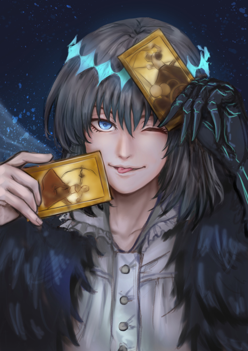 1boy ;p absurdres archer_class_(fate) black_hair black_skin blue_background blue_eyes card colored_skin fate/grand_order fate_(series) hi7of3he6 highres holding holding_card looking_at_viewer male_focus oberon_(fate) one_eye_closed rider_class_(fate) shirt smile solo spoilers tongue tongue_out upper_body white_shirt