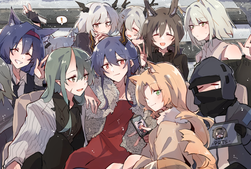 ! 1other 6+girls alina_(arknights) amiya_(arknights) animal_ear_fluff animal_ears arknights black_gloves black_hair black_neckwear black_shirt blaze_(arknights) blonde_hair book bow bowtie brooch brown_hair cat_ears cellphone ch'en_(arknights) closed_eyes closed_mouth collared_shirt commentary_request deer_antlers doctor_(arknights) dragon_horns dress eyebrows_visible_through_hair fingerless_gloves gloves green_eyes green_hair grey_eyes grey_hair grin hair_ribbon hairband hand_on_own_face hand_up highres holding holding_book holding_phone hood hood_up hooded_coat horns hoshiguma_(arknights) jacket jewelry kal'tsit_(arknights) kyou_039 light_particles lin_yuhsia_(arknights) long_hair long_sleeves medium_hair multiple_girls necktie oni_horns orange_hair parted_lips phone pinstripe_pattern priestess_(arknights) rabbit_ears red_dress red_eyes red_hairband ribbon rosmontis_(arknights) scar scar_on_face shirt single_horn smartphone smile spoilers spoken_exclamation_mark stole striped sweatdrop swire_(arknights) talulah_(arknights) tearing_up tears v white_jacket white_shirt