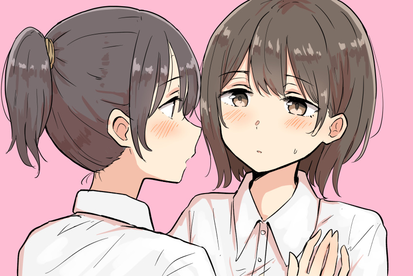 2girls absurdres betock black_hair blush brown_eyes brown_hair hand_on_another's_chest highres looking_at_another multiple_girls original pink_background school_uniform short_hair short_ponytail sweatdrop upper_body yuri