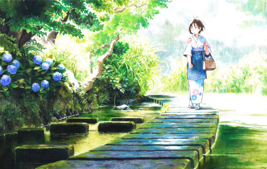 1girl bag black_hair bush colored_pencil_(medium) commentary_request flower full_body fuyuno_kamome handbag highres hydrangea japanese_clothes kimono moss original outdoors scenery short_hair solo tabi traditional_media tree water zouri