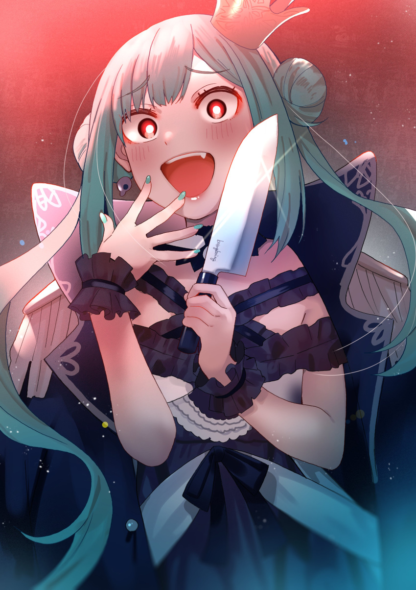 1girl absurdres bangs black_dress crown double_bun dress eyebrows_visible_through_hair green_hair highres holding holding_knife hololive kitchen_knife knife looking_at_viewer mini_crown official_alternate_costume open_mouth red_eyes short_hair smile solo tonarikeru upper_body uruha_rushia virtual_youtuber