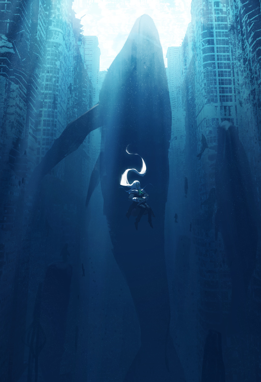 absurdres asteroid_ill building character_request dolphin highres huge_filesize long_hair original ruins scenery solo squid underwater very_long_hair whale white_hair