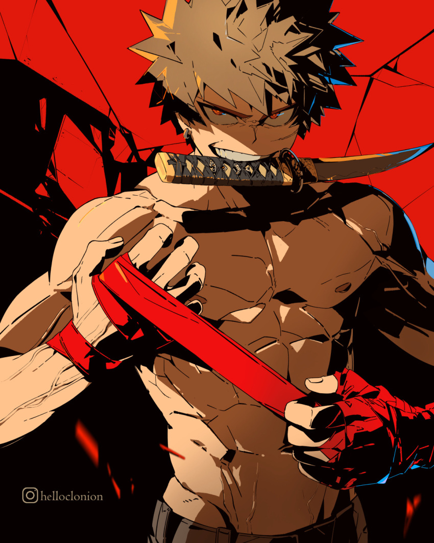 1boy abs artist_name bakugou_katsuki blonde_hair boku_no_hero_academia clonion commentary earrings english_commentary hand_wraps high_contrast highres jewelry looking_at_viewer male_focus mouth_hold muscular muscular_male nipples red_eyes sanpaku shirtless short_hair solo spiky_hair teeth teeth_hold upper_body watermark weapon_request