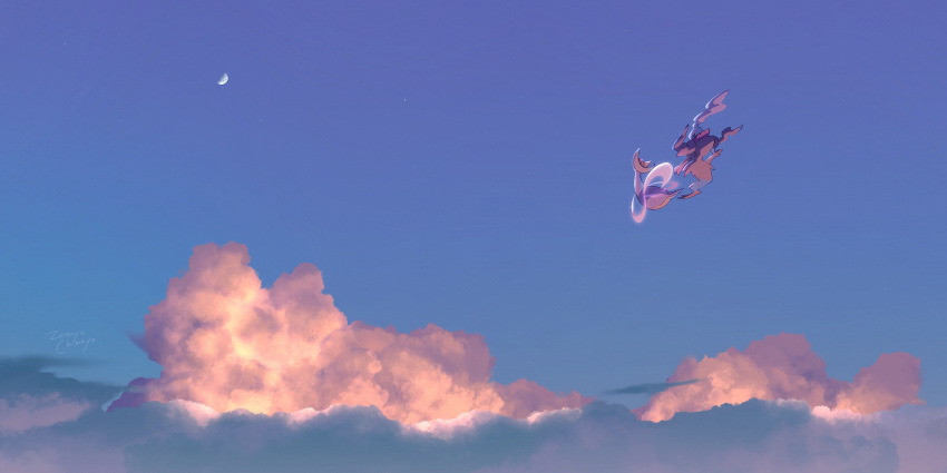 above_clouds absurdres clouds commentary_request cresselia darkrai flying gen_4_pokemon highres legendary_pokemon looking_to_the_side moon mythical_pokemon no_humans outdoors pokemon pokemon_(creature) sky zetsuyo_chimayo