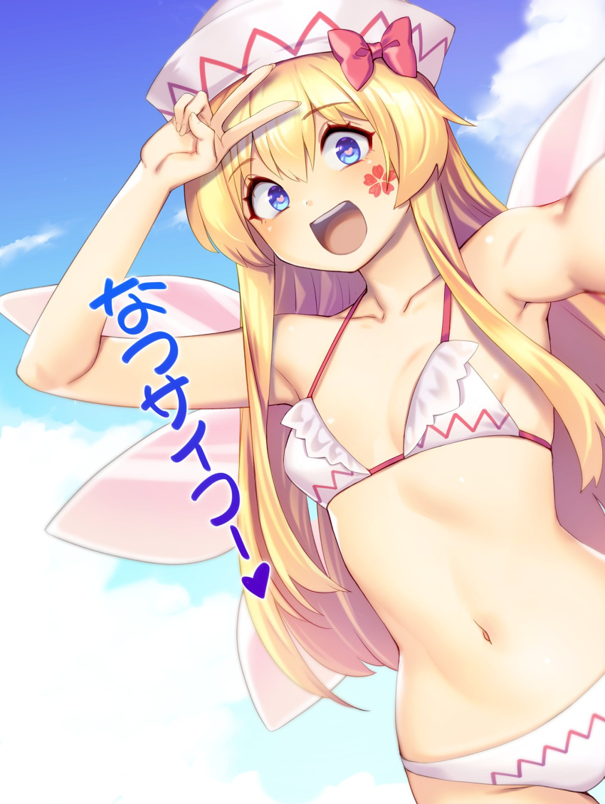 1girl bikini blonde_hair blue_eyes blush breasts clouds collarbone dutch_angle eyebrows_visible_through_hair eyelashes facial_mark fairy fairy_wings frilled_bracelet heart heart-shaped_pupils highres lily_white long_hair navel open_mouth small_breasts stomach swimsuit symbol-shaped_pupils tarmo touhou v white_bikini white_headwear wings