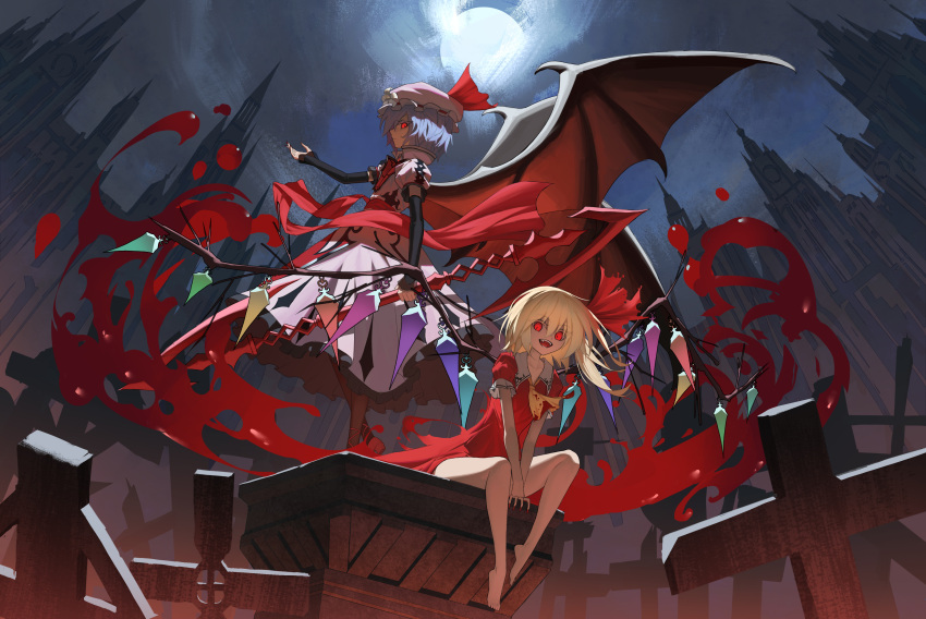 2girls absurdres arm_up ascot bangs barefoot belt black_gloves blonde_hair blue_hair brown_legwear closed_mouth clouds cloudy_sky collar crystal dress elbow_gloves eyebrows_visible_through_hair flandre_scarlet gloves hair_between_eyes hair_ribbon hand_up hat hat_ribbon highres iranon_(new_iranon) jewelry koumajou_densetsu looking_at_another looking_at_viewer mansion mob_cap moon moonlight multiple_girls night night_sky no_hat no_headwear one_side_up open_mouth pantyhose pink_dress pink_headwear polearm puffy_short_sleeves puffy_sleeves red_belt red_dress red_eyes red_footwear red_ribbon remilia_scarlet ribbon shoes short_hair short_sleeves siblings sisters sitting sky smile spear spear_the_gungnir standing teeth touhou weapon wings yellow_neckwear