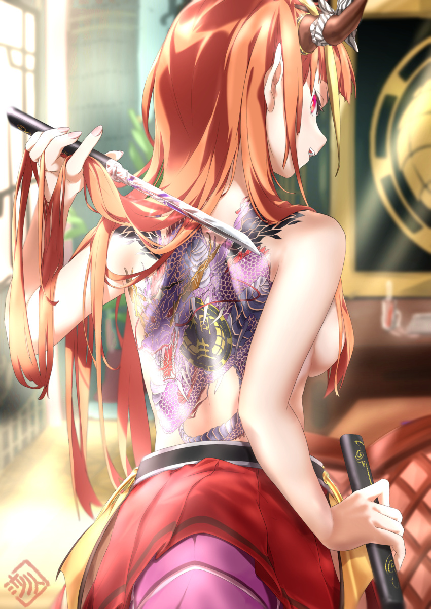 1girl absurdres back_tattoo bangs bow breasts dragon_girl dragon_horns dragon_tail dragon_tattoo from_behind hair_censor hand_in_hair highres holding holding_knife holding_sheath hololive horns kiryu_coco knife large_breasts long_hair looking_back multicolored_hair open_mouth orange_hair profile red_eyes red_skirt sheath short_sword sideboob skirt solo streaked_hair striped striped_bow sword tail tantou tattoo topless very_long_hair virtual_youtuber weapon yorishiro_tsuki