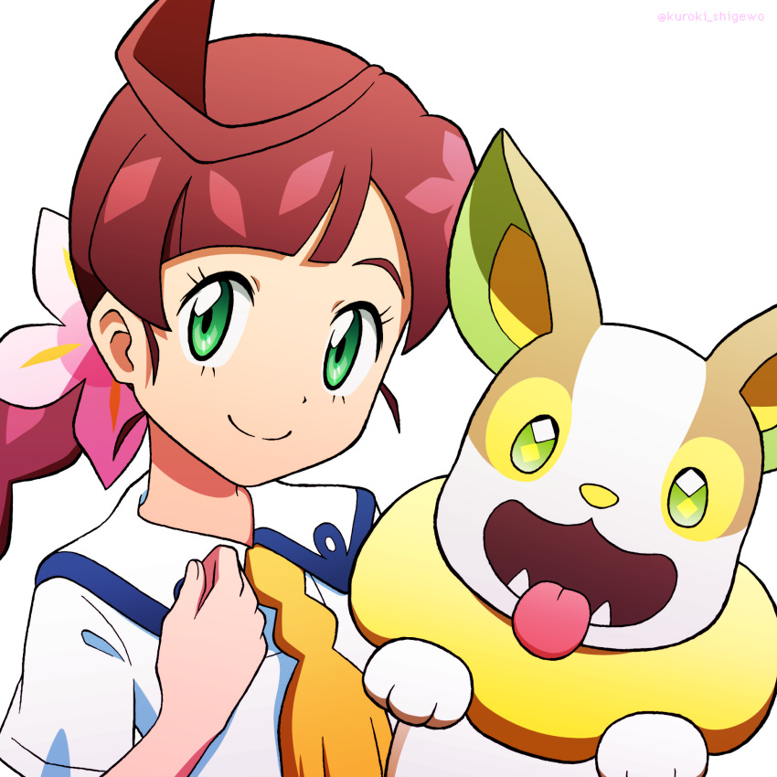1girl bangs braid braided_ponytail brown_hair chloe_(pokemon) closed_mouth collared_dress commentary_request dress flower gen_8_pokemon green_eyes hair_flower hair_ornament hand_up highres kuroki_shigewo long_hair looking_at_viewer pink_flower pokemon pokemon_(anime) pokemon_(creature) pokemon_swsh_(anime) school_uniform short_sleeves simple_background smile split_mouth white_background white_dress yamper yellow_neckwear