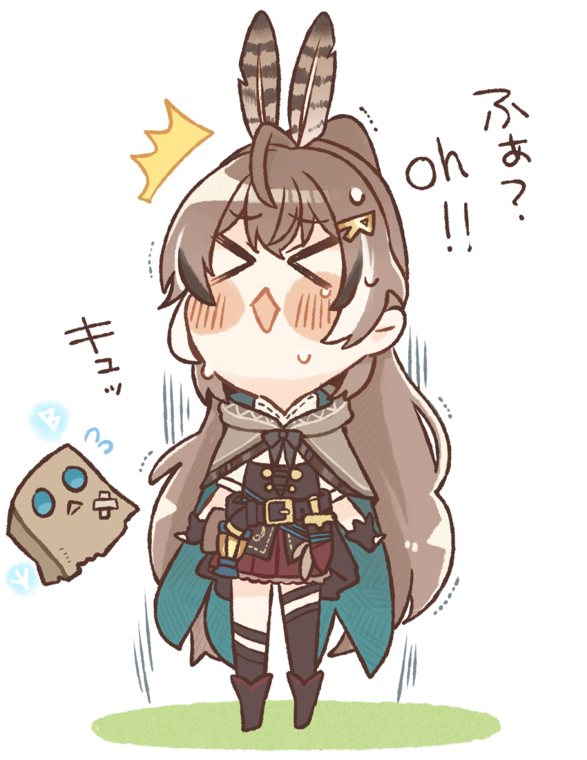 &gt;_&lt; 1girl :&lt;&gt; ^^^ asymmetrical_legwear bag bangs belt blush_stickers brown_hair capelet chibi commentary eyebrows_visible_through_hair feather_hair_ornament feathers full_body hair_ornament hairclip highres hololive hololive_english long_hair mismatched_legwear nanashi_mumei paper_bag same_anko simple_background skirt solo sweat sweating_profusely symbol-only_commentary very_long_hair virtual_youtuber white_background
